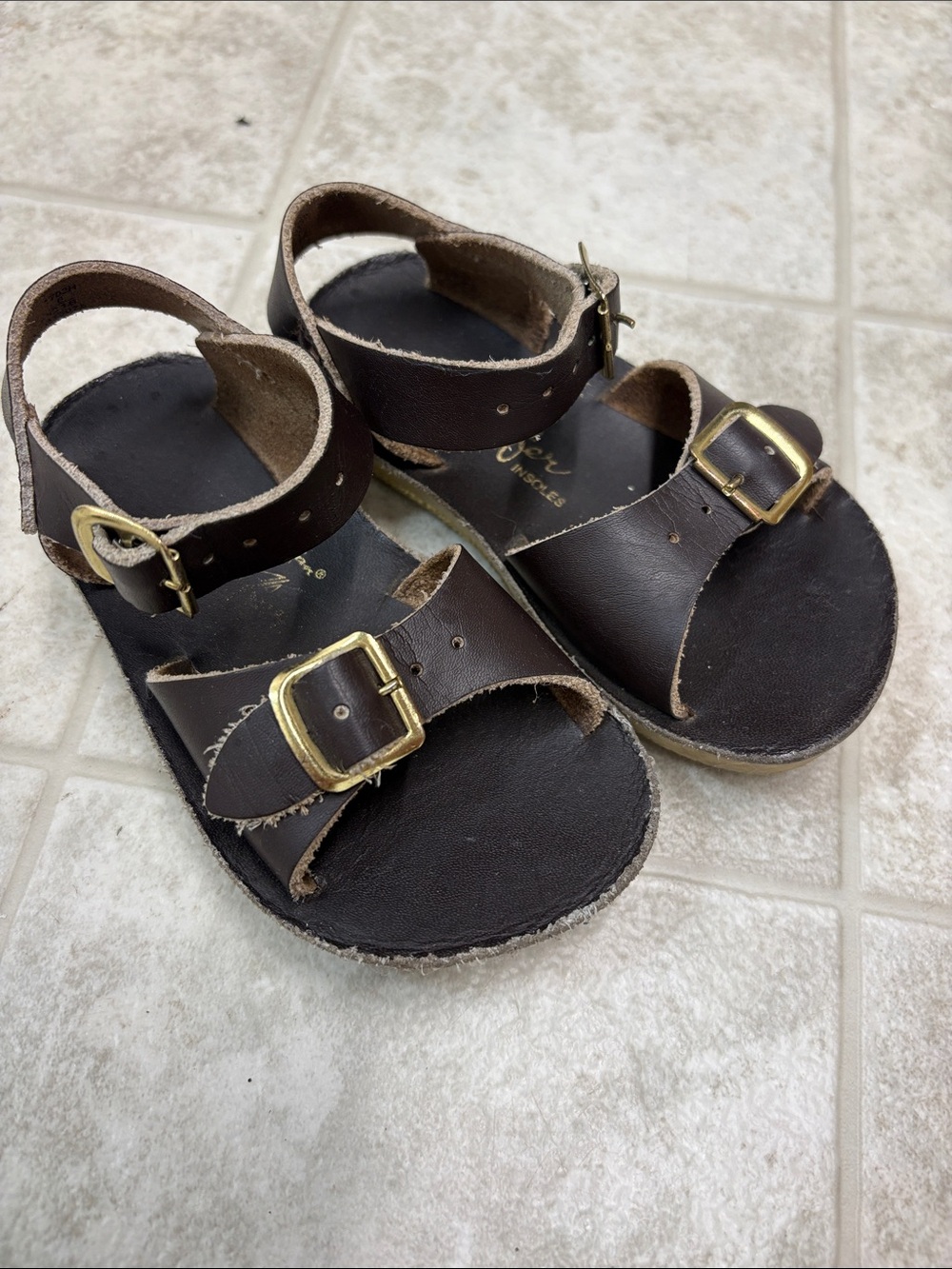 Kids Dark Brown Double-Buckle Leather Sandals
